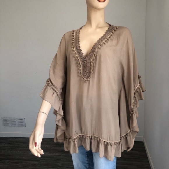 BALI QUEEN relax blouse V-neck tunic, boho tan - Picture 7 of 12